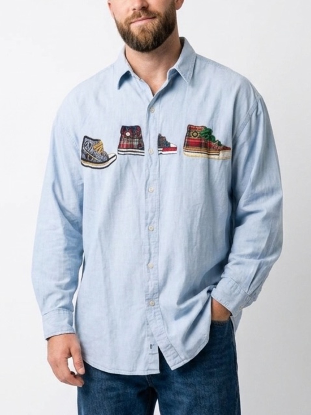 RUMORS Men’s Chambray Button Down Shirt Light Wash Sneaker Print Size XL
